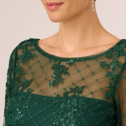 Adrianna Papell Embroidered Sequin Dress With Sheer Bell Sleeves In Deep Forest 9 Adrianna Papell Embroidered Sequin Dress With Sheer Bell Sleeves In Deep Forest -Glam Mirth Sales AP1D105083 AH303 Regular Detail