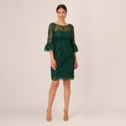 Adrianna Papell Embroidered Sequin Dress With Sheer Bell Sleeves In Deep Forest 11 Adrianna Papell Embroidered Sequin Dress With Sheer Bell Sleeves In Deep Forest -Glam Mirth Sales AP1D105083 AH303 Regular Front
