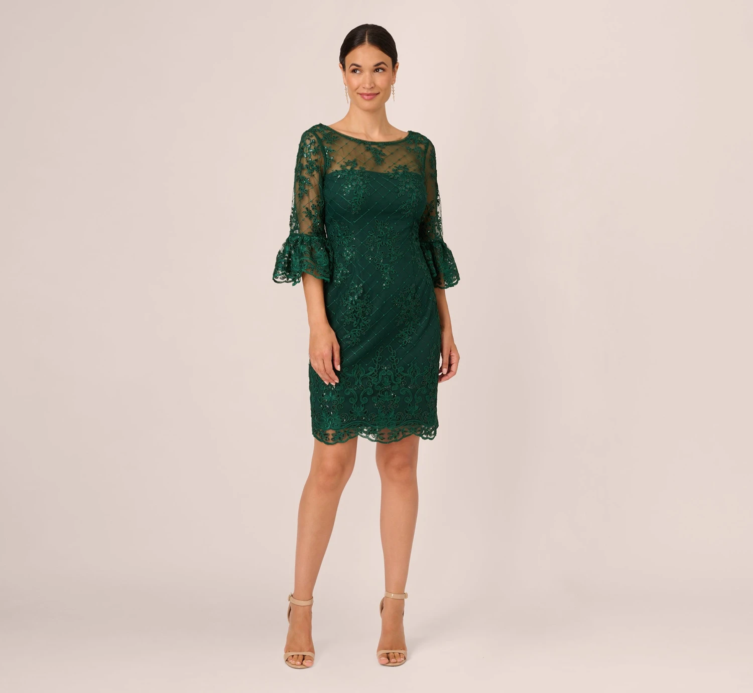 Adrianna Papell Embroidered Sequin Dress With Sheer Bell Sleeves In Deep Forest 5 Adrianna Papell Embroidered Sequin Dress With Sheer Bell Sleeves In Deep Forest - Image 5