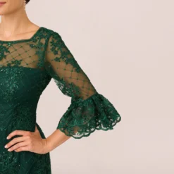 Adrianna Papell Embroidered Sequin Dress With Sheer Bell Sleeves In Deep Forest 12 Adrianna Papell Embroidered Sequin Dress With Sheer Bell Sleeves In Deep Forest -Glam Mirth Sales AP1D105083 AH303 Regular Lifestyle