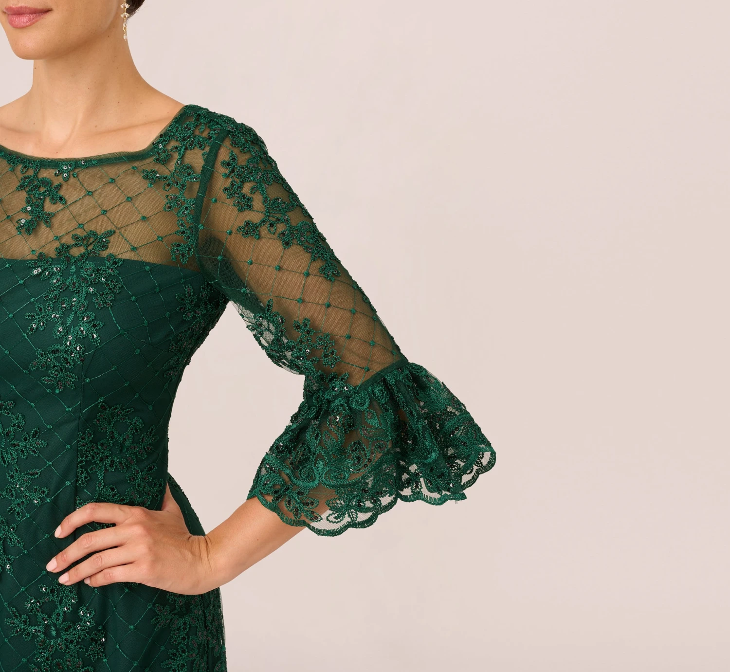 Adrianna Papell Embroidered Sequin Dress With Sheer Bell Sleeves In Deep Forest 6 Adrianna Papell Embroidered Sequin Dress With Sheer Bell Sleeves In Deep Forest - Image 6