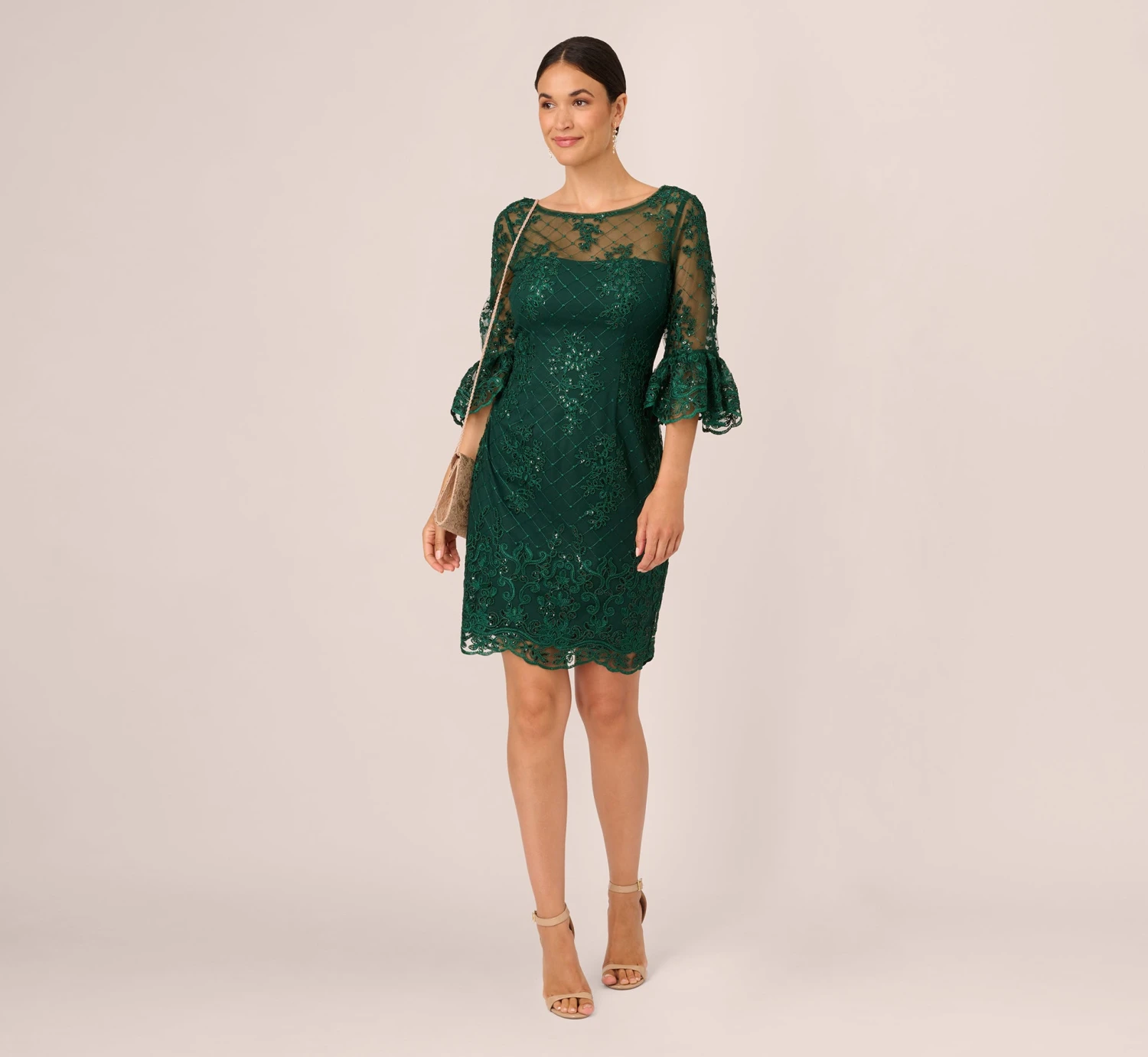 Adrianna Papell Embroidered Sequin Dress With Sheer Bell Sleeves In Deep Forest 2 Adrianna Papell Embroidered Sequin Dress With Sheer Bell Sleeves In Deep Forest - Image 2
