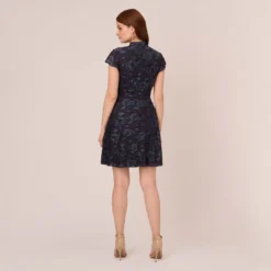 Adrianna Papell Velvet Burnout Floral Short Sleeve Dress With Mock Neck In Midnight -Glam Mirth Sales AP1D105087 AB411 Regular Back