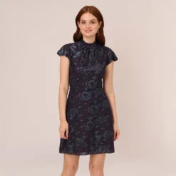 Adrianna Papell Velvet Burnout Floral Short Sleeve Dress With Mock Neck In Midnight