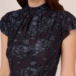 Adrianna Papell Velvet Burnout Floral Short Sleeve Dress With Mock Neck In Midnight -Glam Mirth Sales AP1D105087 AB411 Regular Detail