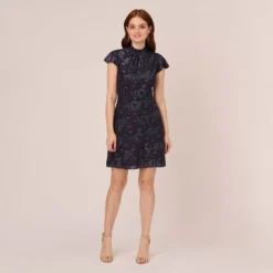 Adrianna Papell Velvet Burnout Floral Short Sleeve Dress With Mock Neck In Midnight -Glam Mirth Sales AP1D105087 AB411 Regular Front