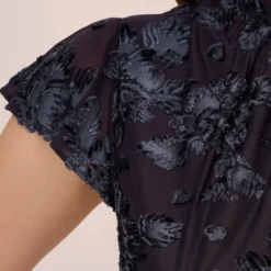 Adrianna Papell Velvet Burnout Floral Short Sleeve Dress With Mock Neck In Midnight -Glam Mirth Sales AP1D105087 AB411 Regular Lifestyle