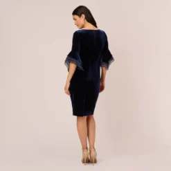 Adrianna Papell Velvet Sheath Dress With Tiered Three Quarter Sleeves In Midnight 10 Adrianna Papell Velvet Sheath Dress With Tiered Three Quarter Sleeves In Midnight -Glam Mirth Sales AP1D105090 AB411 Regular Back