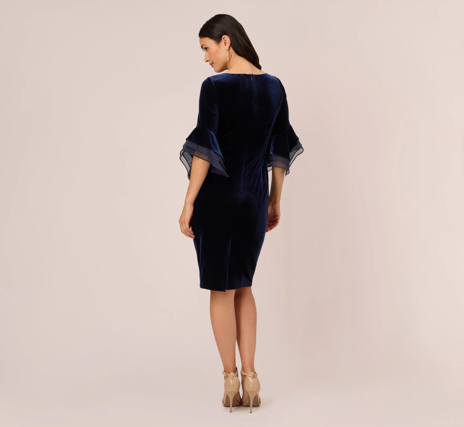 Adrianna Papell Velvet Sheath Dress With Tiered Three Quarter Sleeves In Midnight 4 Adrianna Papell Velvet Sheath Dress With Tiered Three Quarter Sleeves In Midnight - Image 4