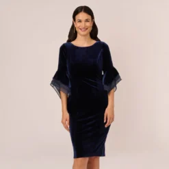 Adrianna Papell Velvet Sheath Dress With Tiered Three Quarter Sleeves In Midnight