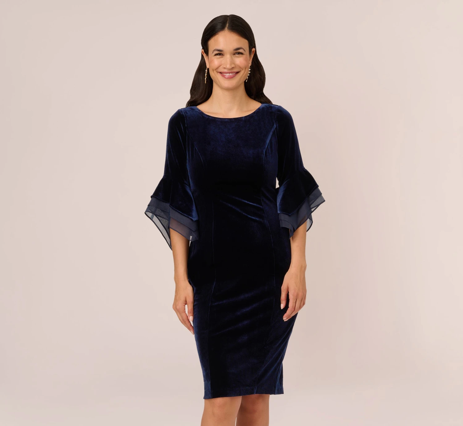 Adrianna Papell Velvet Sheath Dress With Tiered Three Quarter Sleeves In Midnight 1 Adrianna Papell Velvet Sheath Dress With Tiered Three Quarter Sleeves In Midnight