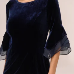 Adrianna Papell Velvet Sheath Dress With Tiered Three Quarter Sleeves In Midnight 9 Adrianna Papell Velvet Sheath Dress With Tiered Three Quarter Sleeves In Midnight -Glam Mirth Sales AP1D105090 AB411 Regular Detail