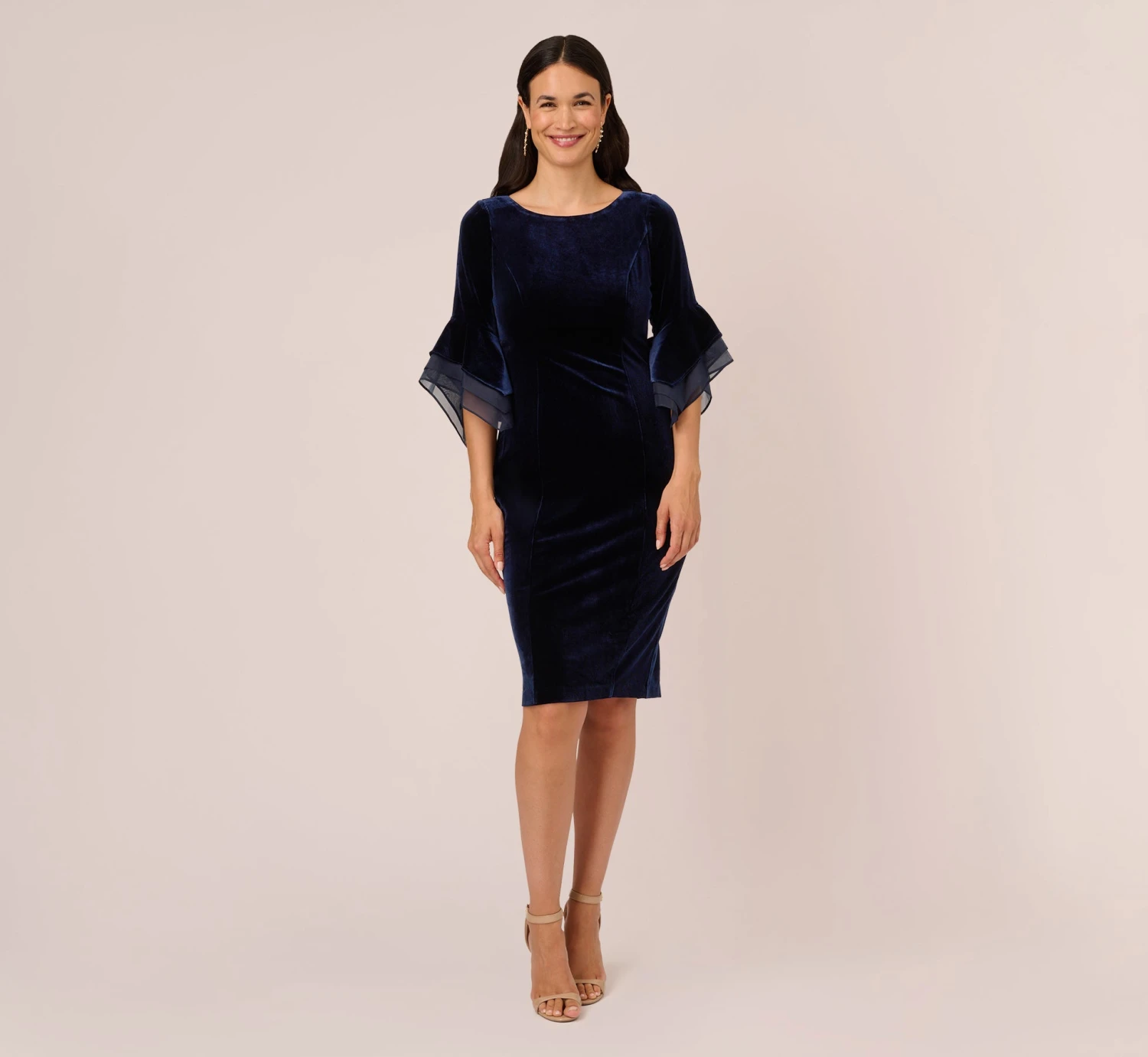 Adrianna Papell Velvet Sheath Dress With Tiered Three Quarter Sleeves In Midnight 6 Adrianna Papell Velvet Sheath Dress With Tiered Three Quarter Sleeves In Midnight - Image 6