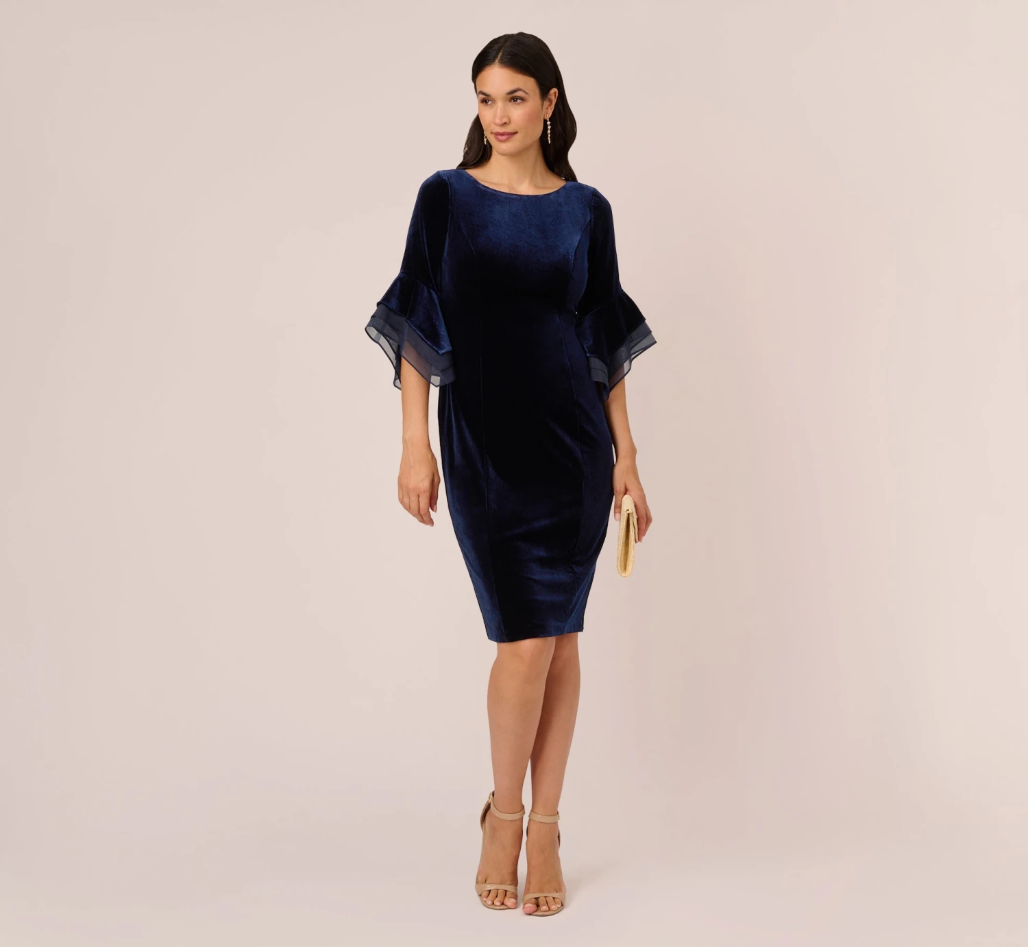 Adrianna Papell Velvet Sheath Dress With Tiered Three Quarter Sleeves In Midnight 2 Adrianna Papell Velvet Sheath Dress With Tiered Three Quarter Sleeves In Midnight - Image 2