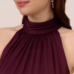 Adrianna Papell Satin Crepe Halter Midi Dress With Ruffled Hem In Bordeaux Glow -Glam Mirth Sales AP1D105092 AW504 Regular Detail