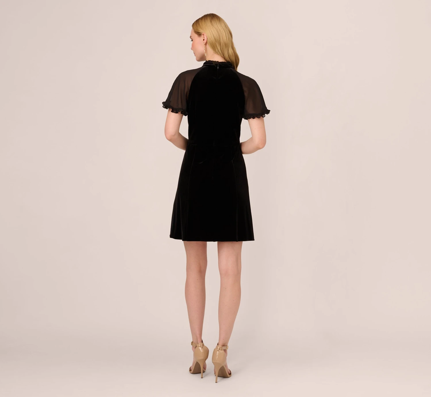 Adrianna Papell Mock Neck Velvet Dress With Sheer Short Sleeves In Black 4 Adrianna Papell Mock Neck Velvet Dress With Sheer Short Sleeves In Black - Image 4
