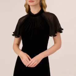 Adrianna Papell Mock Neck Velvet Dress With Sheer Short Sleeves In Black 8 Adrianna Papell Mock Neck Velvet Dress With Sheer Short Sleeves In Black -Glam Mirth Sales AP1D105096 AA002 Regular Detail