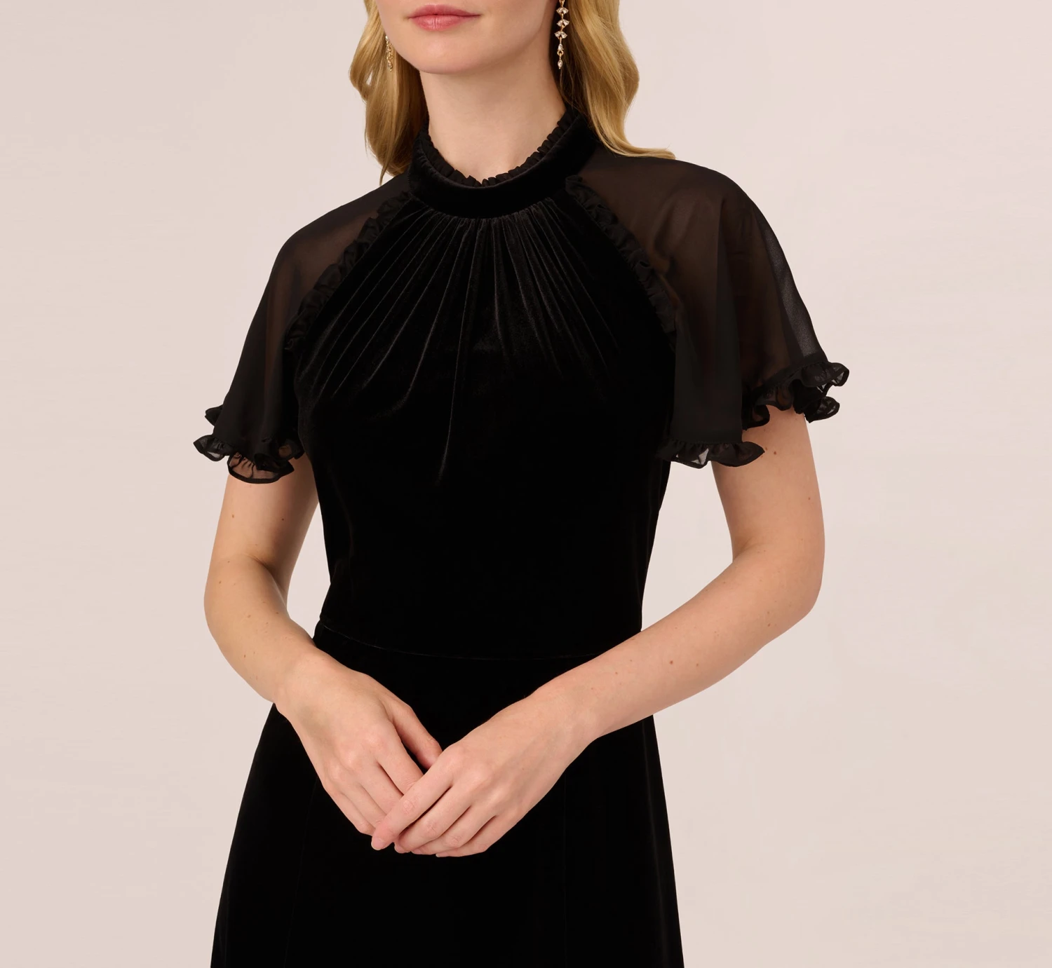 Adrianna Papell Mock Neck Velvet Dress With Sheer Short Sleeves In Black 3 Adrianna Papell Mock Neck Velvet Dress With Sheer Short Sleeves In Black - Image 3