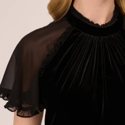 Adrianna Papell Mock Neck Velvet Dress With Sheer Short Sleeves In Black 10 Adrianna Papell Mock Neck Velvet Dress With Sheer Short Sleeves In Black -Glam Mirth Sales AP1D105096 AA002 Regular Lifestyle