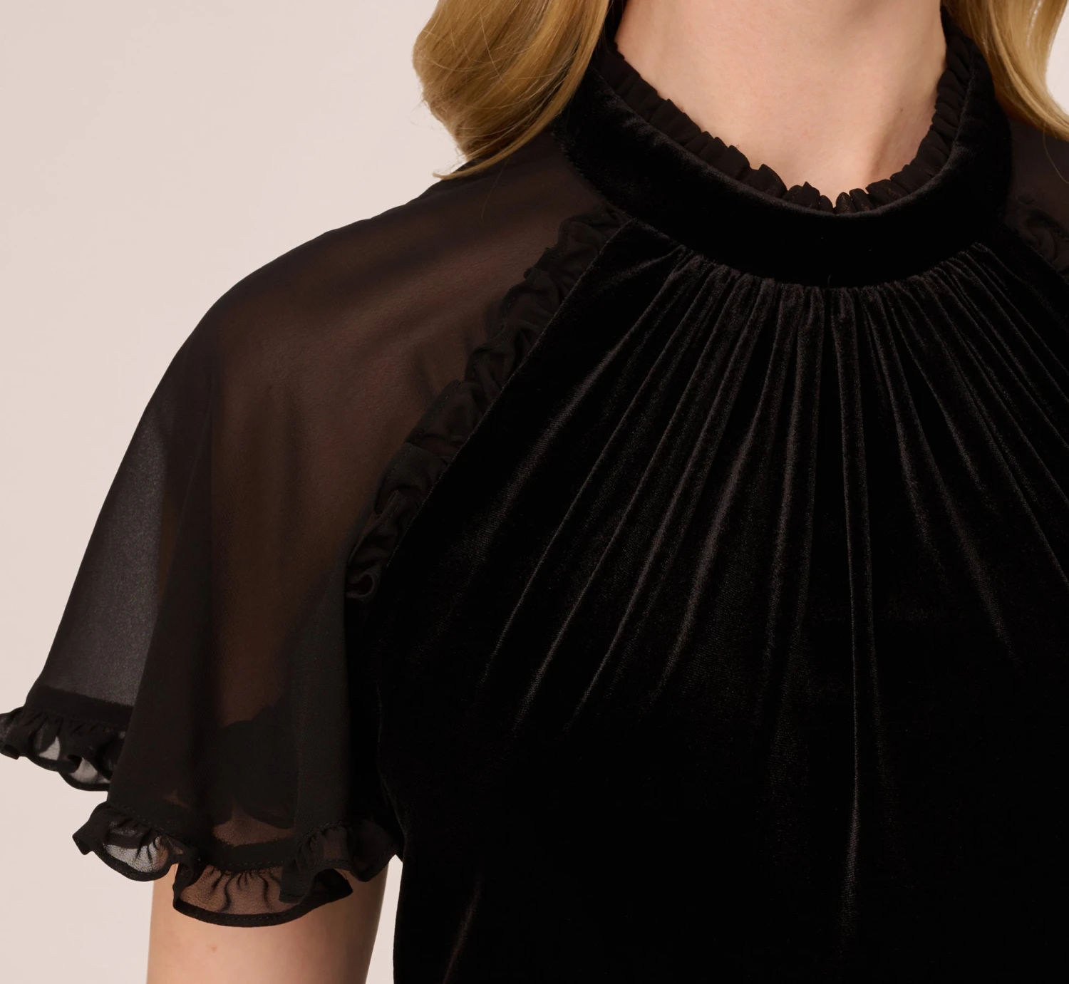 Adrianna Papell Mock Neck Velvet Dress With Sheer Short Sleeves In Black 5 Adrianna Papell Mock Neck Velvet Dress With Sheer Short Sleeves In Black - Image 5