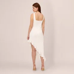 Adrianna Papell Asymmetrical Crepe Midi Dress With Flounce Hem In Ivory 9 Adrianna Papell Asymmetrical Crepe Midi Dress With Flounce Hem In Ivory -Glam Mirth Sales AP1D105097 AA194 Regular Back