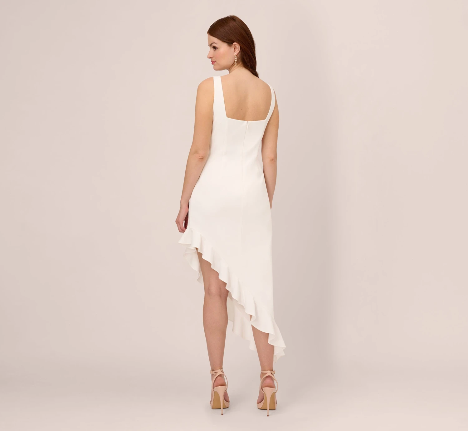 Adrianna Papell Asymmetrical Crepe Midi Dress With Flounce Hem In Ivory 4 Adrianna Papell Asymmetrical Crepe Midi Dress With Flounce Hem In Ivory - Image 4