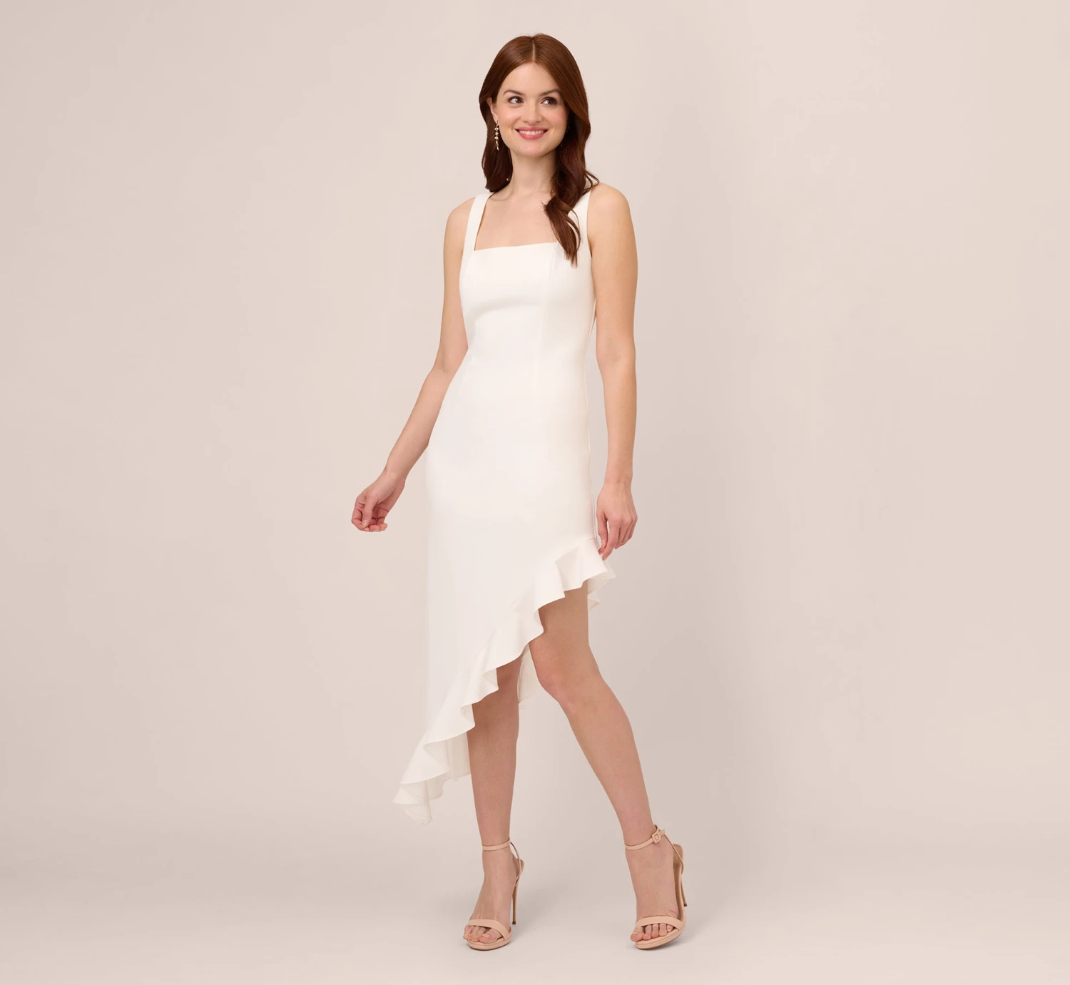 Adrianna Papell Asymmetrical Crepe Midi Dress With Flounce Hem In Ivory 1 Adrianna Papell Asymmetrical Crepe Midi Dress With Flounce Hem In Ivory