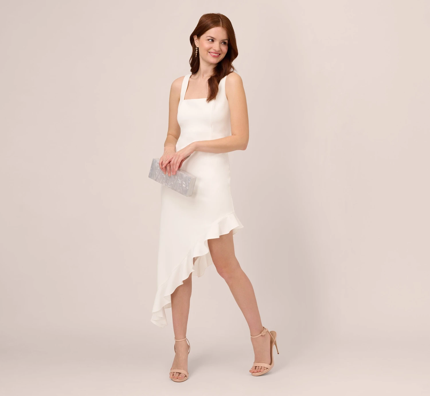 Adrianna Papell Asymmetrical Crepe Midi Dress With Flounce Hem In Ivory 2 Adrianna Papell Asymmetrical Crepe Midi Dress With Flounce Hem In Ivory - Image 2