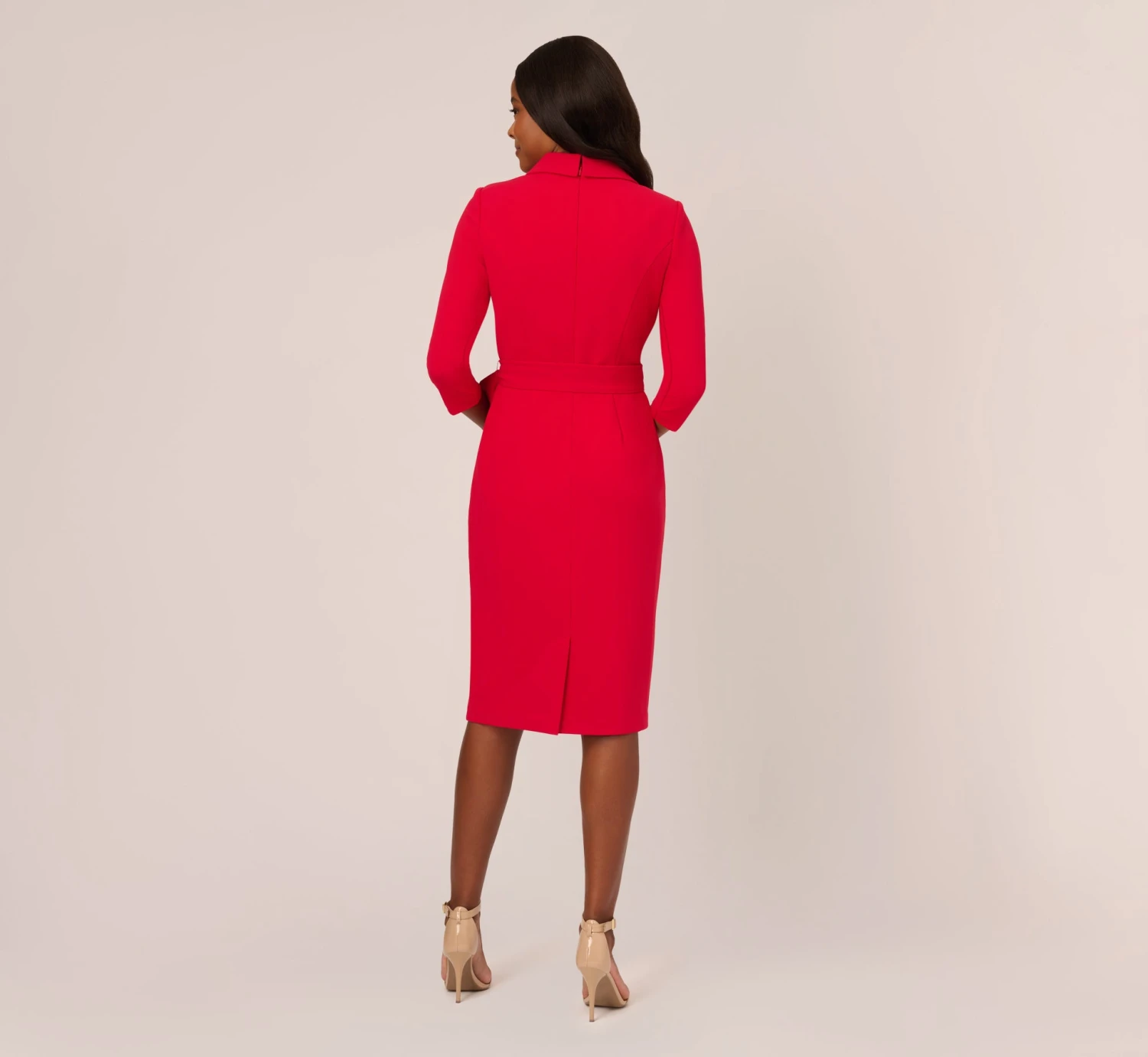 Adrianna Papell Wrap Front Dress With Three-Quarter Sleeves In Hot Ruby 4 Adrianna Papell Wrap Front Dress With Three-Quarter Sleeves In Hot Ruby - Image 4