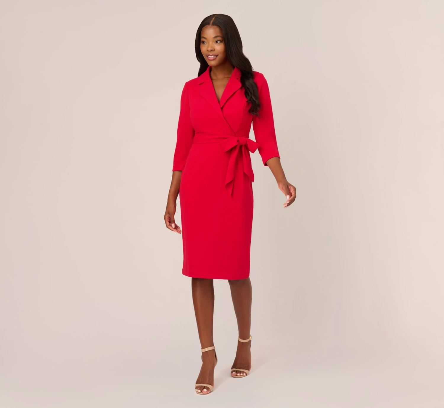Adrianna Papell Wrap Front Dress With Three-Quarter Sleeves In Hot Ruby 1 Adrianna Papell Wrap Front Dress With Three-Quarter Sleeves In Hot Ruby