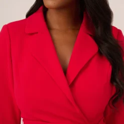 Adrianna Papell Wrap Front Dress With Three-Quarter Sleeves In Hot Ruby 8 Adrianna Papell Wrap Front Dress With Three-Quarter Sleeves In Hot Ruby -Glam Mirth Sales AP1D105115 AU610 Regular Detail