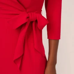 Adrianna Papell Wrap Front Dress With Three-Quarter Sleeves In Hot Ruby 10 Adrianna Papell Wrap Front Dress With Three-Quarter Sleeves In Hot Ruby -Glam Mirth Sales AP1D105115 AU610 Regular Lifestyle