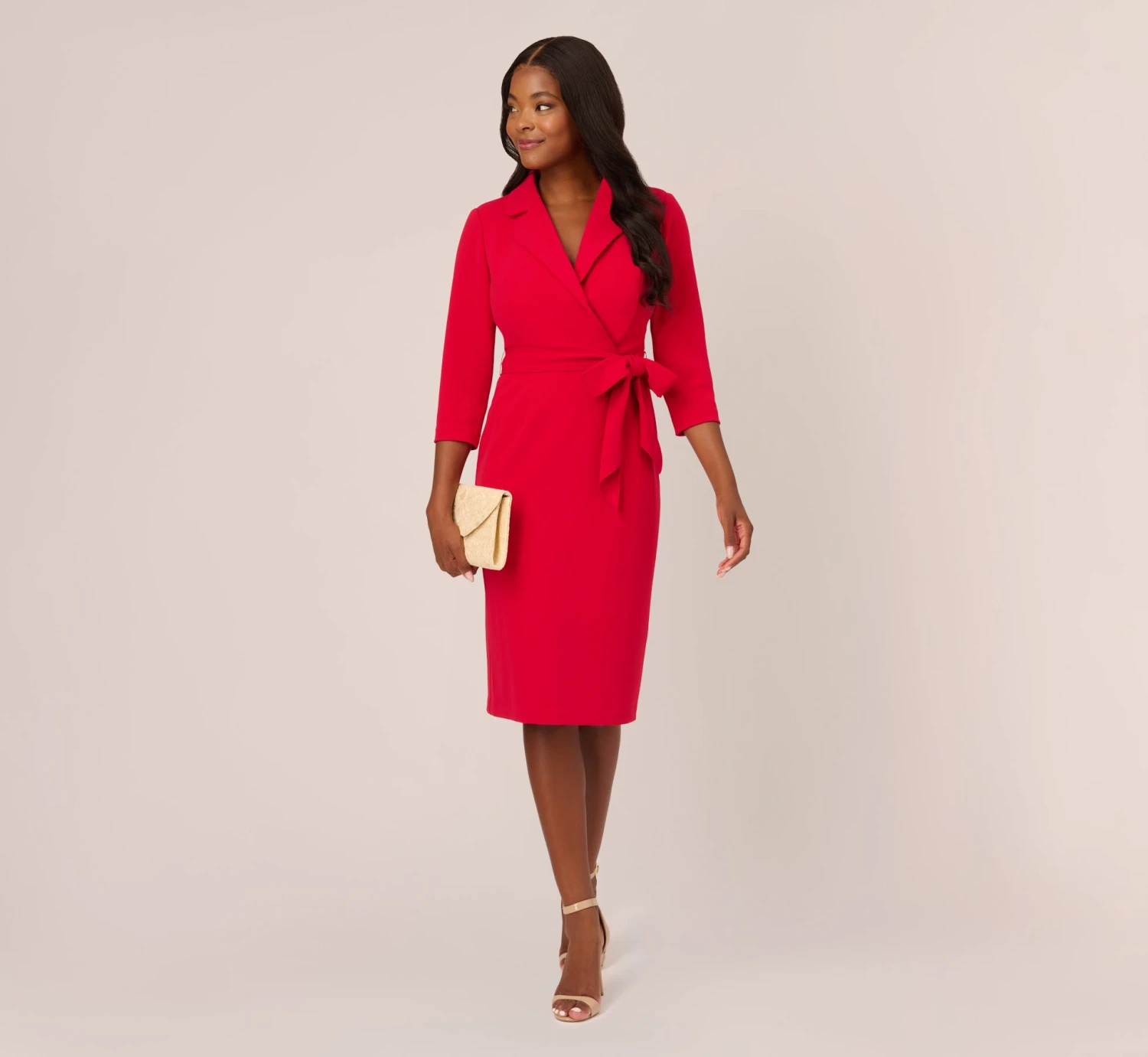 Adrianna Papell Wrap Front Dress With Three-Quarter Sleeves In Hot Ruby 2 Adrianna Papell Wrap Front Dress With Three-Quarter Sleeves In Hot Ruby - Image 2