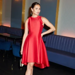 Adrianna Papell Halter Mikado Dress With Ruffle Trim In Red