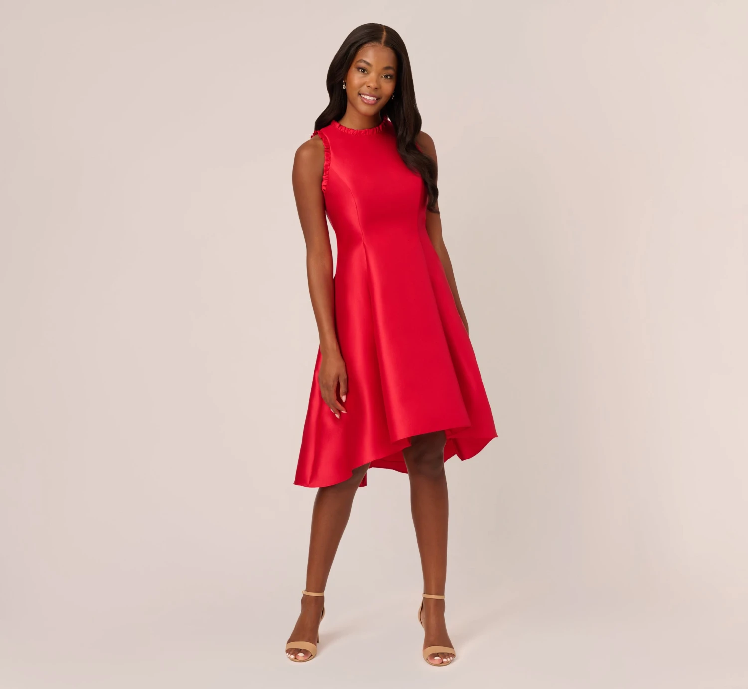Adrianna Papell Halter Mikado Dress With Ruffle Trim In Red 2 Adrianna Papell Halter Mikado Dress With Ruffle Trim In Red - Image 2