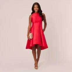 Adrianna Papell Halter Mikado Dress With Ruffle Trim In Red 9 Adrianna Papell Halter Mikado Dress With Ruffle Trim In Red -Glam Mirth Sales AP1D105116 AA610 Regular Side
