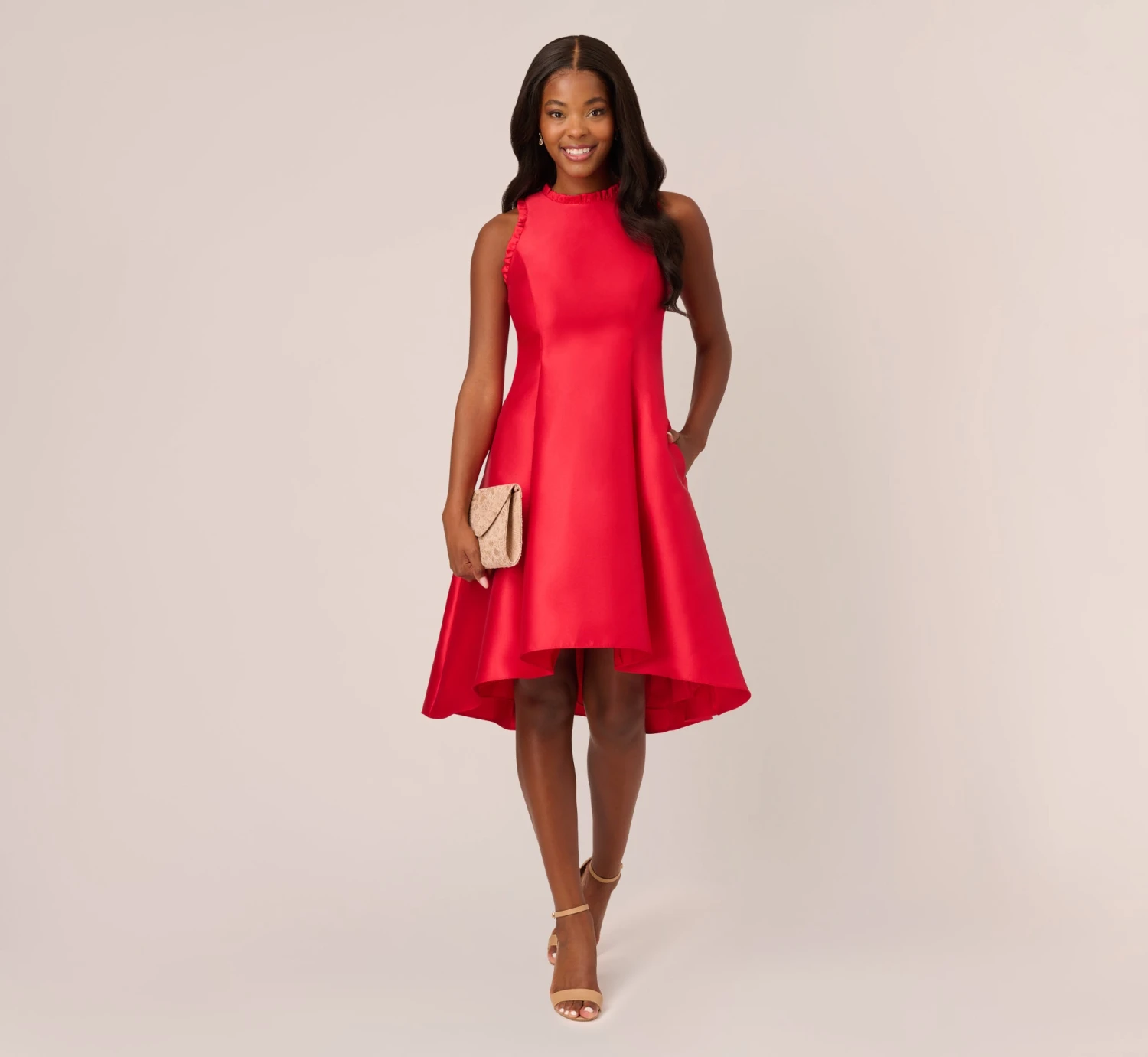 Adrianna Papell Halter Mikado Dress With Ruffle Trim In Red 3 Adrianna Papell Halter Mikado Dress With Ruffle Trim In Red - Image 3