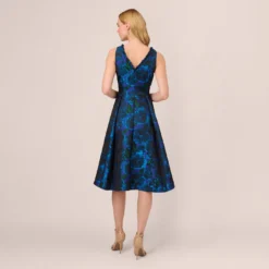 Adrianna Papell High Low Halter Floral Jacquard Dress With Ruffle Details In Blue Multi 11 Adrianna Papell High Low Halter Floral Jacquard Dress With Ruffle Details In Blue Multi -Glam Mirth Sales AP1D105119 AA461 Regular Back