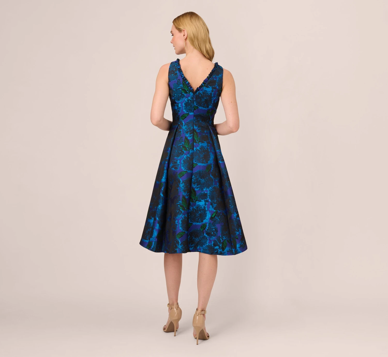 Adrianna Papell High Low Halter Floral Jacquard Dress With Ruffle Details In Blue Multi 5 Adrianna Papell High Low Halter Floral Jacquard Dress With Ruffle Details In Blue Multi - Image 5