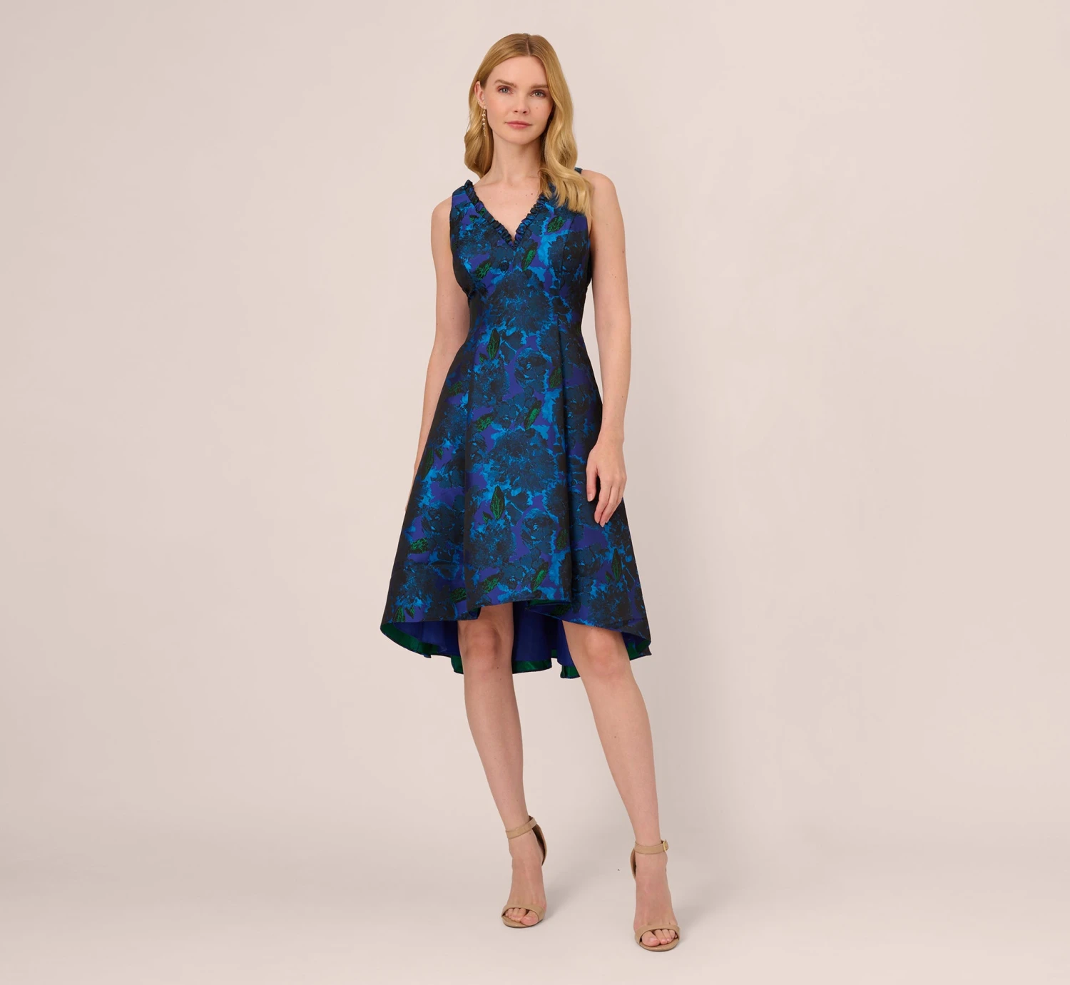 Adrianna Papell High Low Halter Floral Jacquard Dress With Ruffle Details In Blue Multi 2 Adrianna Papell High Low Halter Floral Jacquard Dress With Ruffle Details In Blue Multi - Image 2