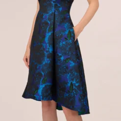 Adrianna Papell High Low Halter Floral Jacquard Dress With Ruffle Details In Blue Multi 12 Adrianna Papell High Low Halter Floral Jacquard Dress With Ruffle Details In Blue Multi -Glam Mirth Sales AP1D105119 AA461 Regular Detail