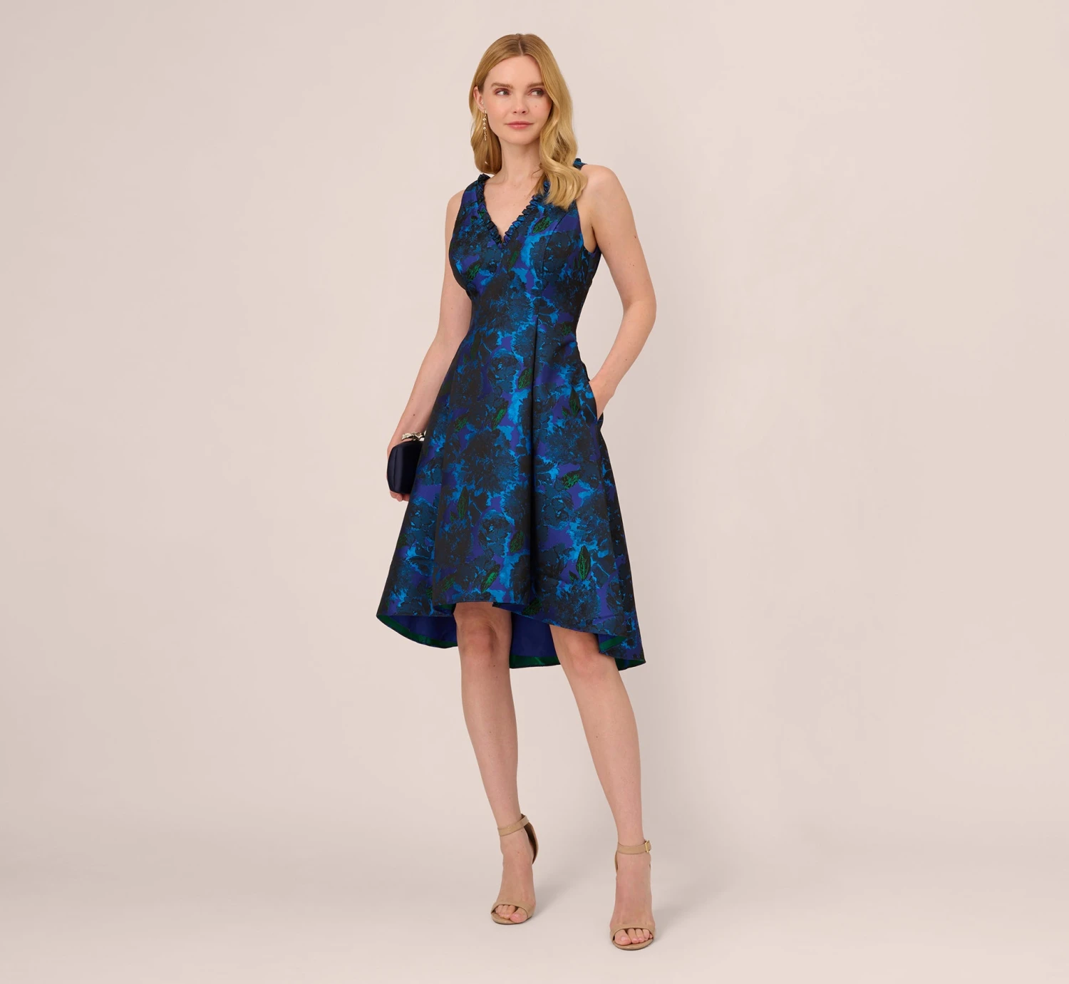 Adrianna Papell High Low Halter Floral Jacquard Dress With Ruffle Details In Blue Multi 3 Adrianna Papell High Low Halter Floral Jacquard Dress With Ruffle Details In Blue Multi - Image 3