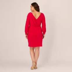Adrianna Papell Plus Size Long Sleeve Draped Jersey Dress With Beaded Cuffs In Hot Ruby 12 Adrianna Papell Plus Size Long Sleeve Draped Jersey Dress With Beaded Cuffs In Hot Ruby -Glam Mirth Sales AP1D105124 AU610 Plus Back