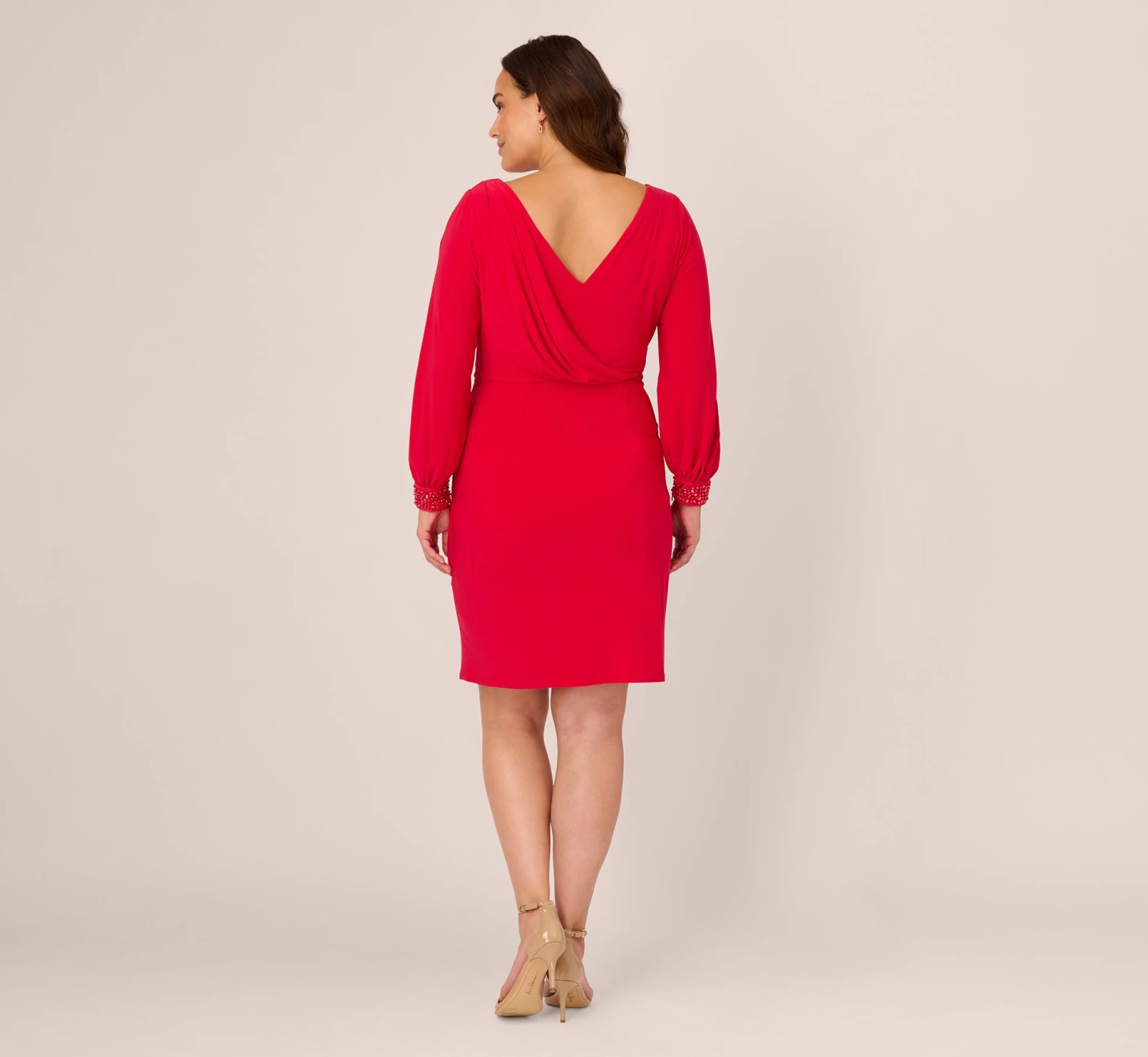 Adrianna Papell Plus Size Long Sleeve Draped Jersey Dress With Beaded Cuffs In Hot Ruby 5 Adrianna Papell Plus Size Long Sleeve Draped Jersey Dress With Beaded Cuffs In Hot Ruby - Image 5