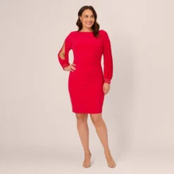 Adrianna Papell Plus Size Long Sleeve Draped Jersey Dress With Beaded Cuffs In Hot Ruby 15 Adrianna Papell Plus Size Long Sleeve Draped Jersey Dress With Beaded Cuffs In Hot Ruby -Glam Mirth Sales AP1D105124 AU610 Plus Front