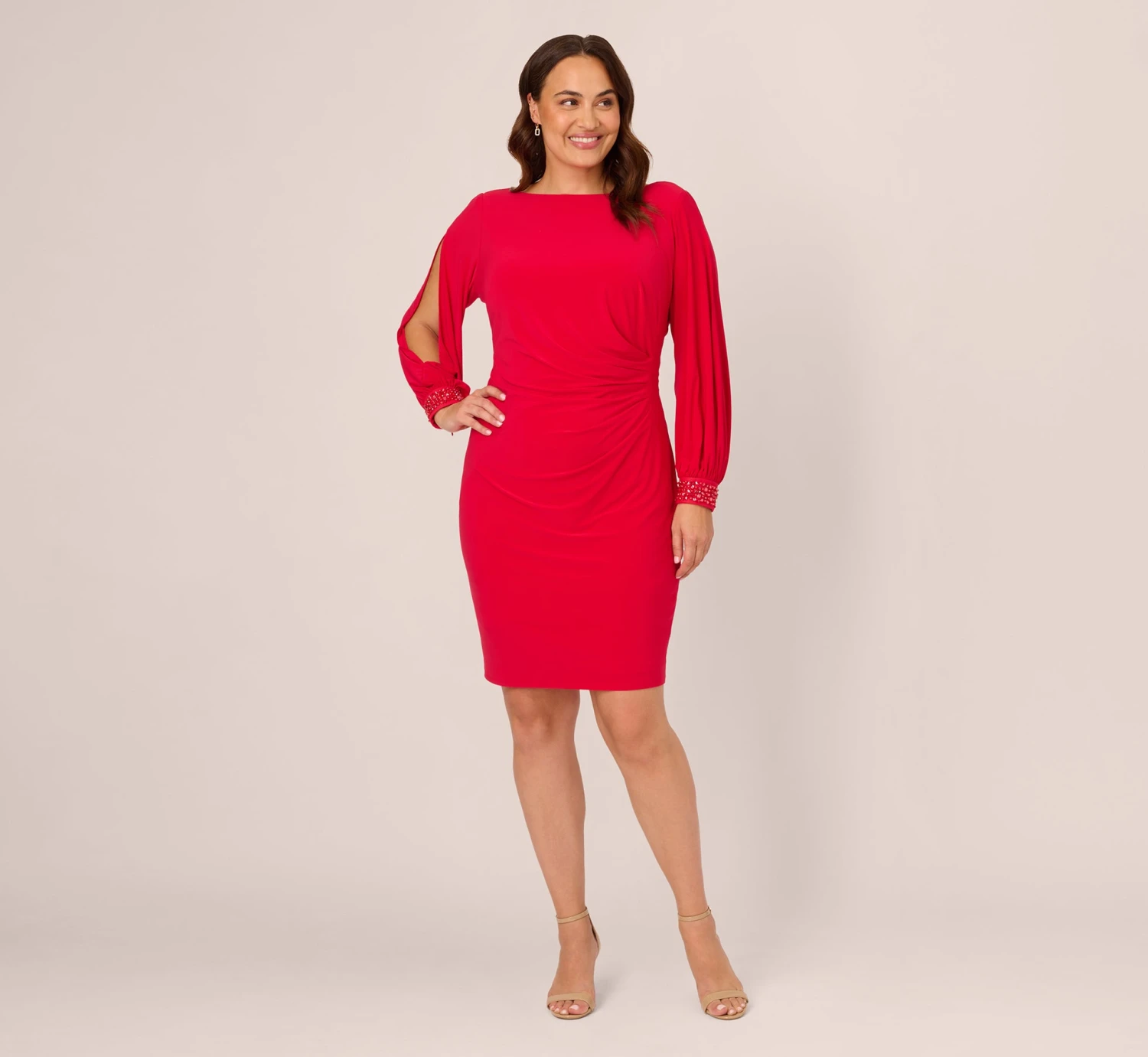 Adrianna Papell Plus Size Long Sleeve Draped Jersey Dress With Beaded Cuffs In Hot Ruby 8 Adrianna Papell Plus Size Long Sleeve Draped Jersey Dress With Beaded Cuffs In Hot Ruby - Image 8