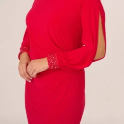 Adrianna Papell Plus Size Long Sleeve Draped Jersey Dress With Beaded Cuffs In Hot Ruby 11 Adrianna Papell Plus Size Long Sleeve Draped Jersey Dress With Beaded Cuffs In Hot Ruby -Glam Mirth Sales AP1D105124 AU610 Plus Lifestyle