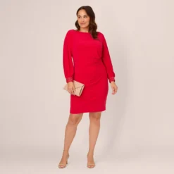 Adrianna Papell Plus Size Long Sleeve Draped Jersey Dress With Beaded Cuffs In Hot Ruby 10 Adrianna Papell Plus Size Long Sleeve Draped Jersey Dress With Beaded Cuffs In Hot Ruby -Glam Mirth Sales AP1D105124 AU610 Plus Side
