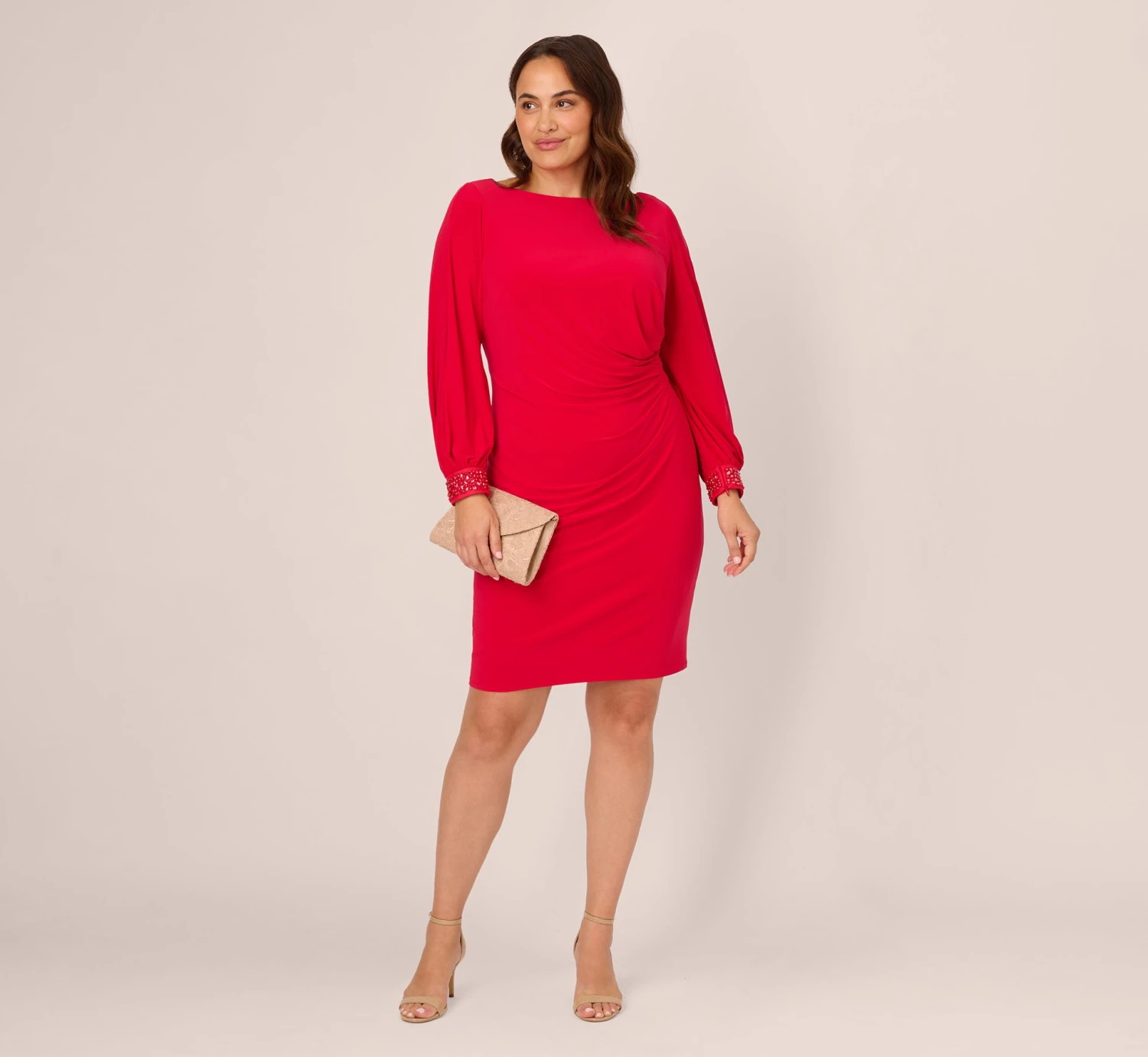 Adrianna Papell Plus Size Long Sleeve Draped Jersey Dress With Beaded Cuffs In Hot Ruby 3 Adrianna Papell Plus Size Long Sleeve Draped Jersey Dress With Beaded Cuffs In Hot Ruby - Image 3