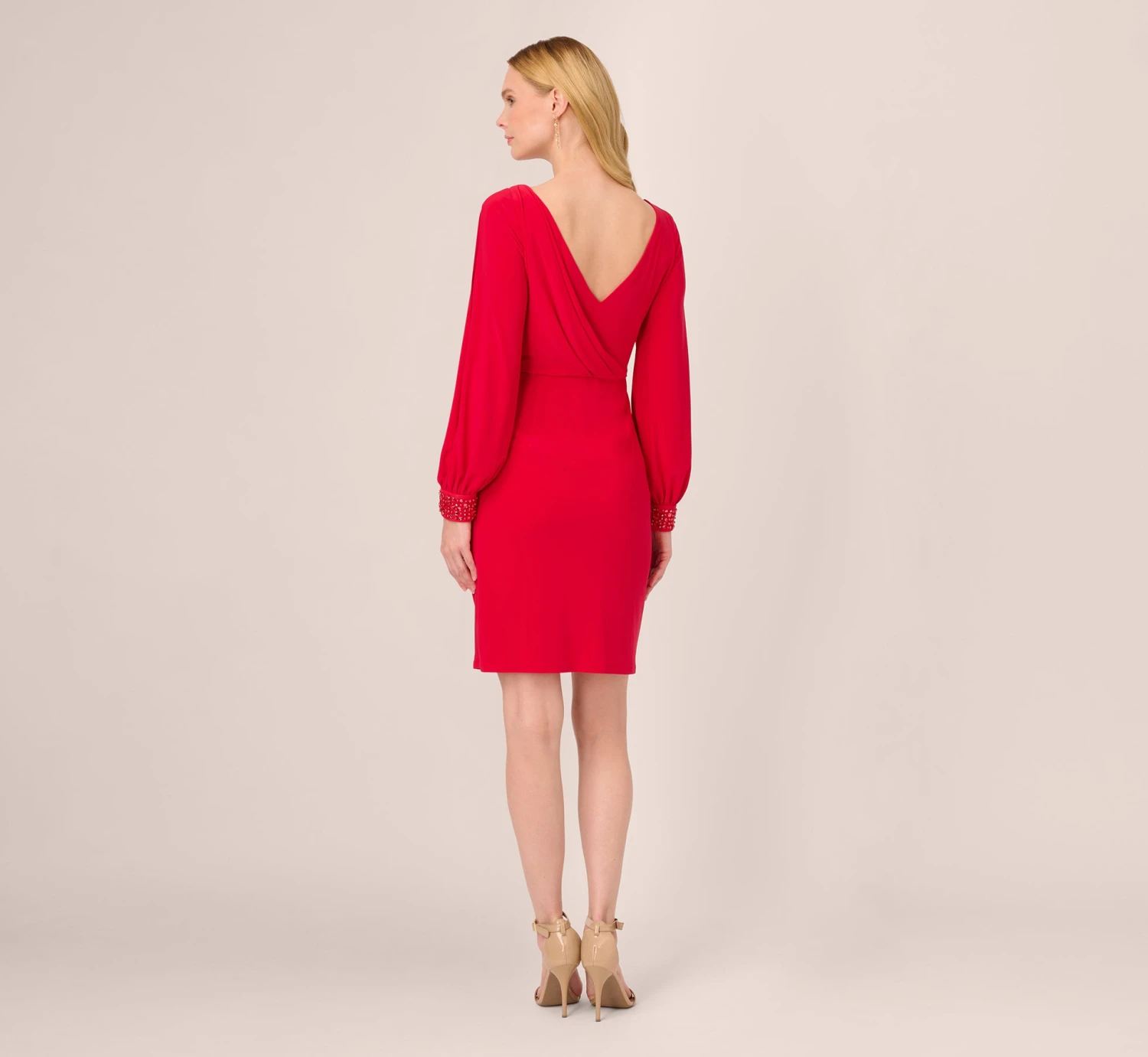 Adrianna Papell Long Sleeve Draped Jersey Dress With Beaded Cuffs In Hot Ruby 4 Adrianna Papell Long Sleeve Draped Jersey Dress With Beaded Cuffs In Hot Ruby - Image 4